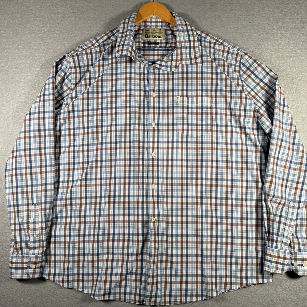 Barbour Hallhill Performance Shirt Mens 3XL Blue Brown Plaid Stretch MSH4883ST51